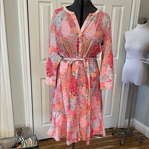 Talbots Floral Pink cotton Button-Down Dress with belt and ruffle.